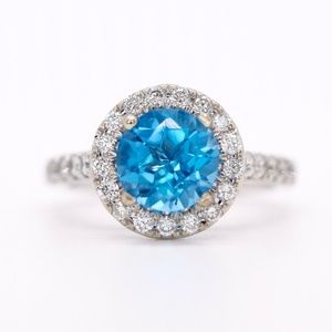 3.07 Carat Round Brilliant Aqua Marine and diamond Halo White Gold Ring